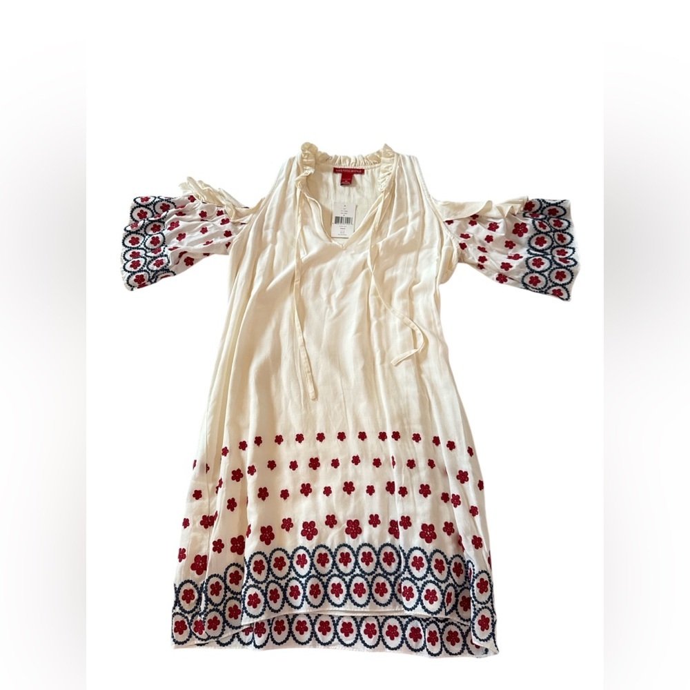 Saks Fifth Avenue Cream Embroidered Cold Shoulder Dress Boho Peasant Tunic Sz M - Picture 10 of 11